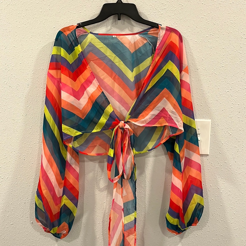 Cropped sheer long sleep wrap top